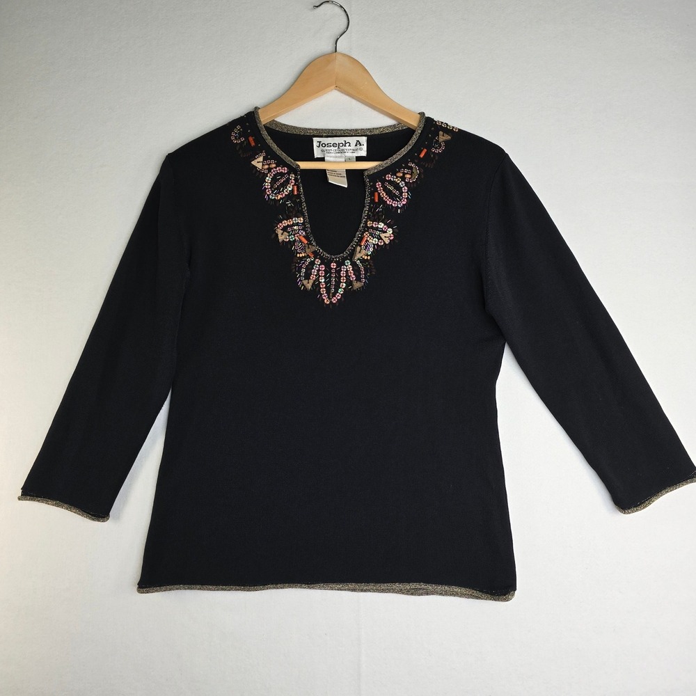 Joseph A Black Beaded Sequin Knit Top Metallic Trim V-Neck Sweater Large